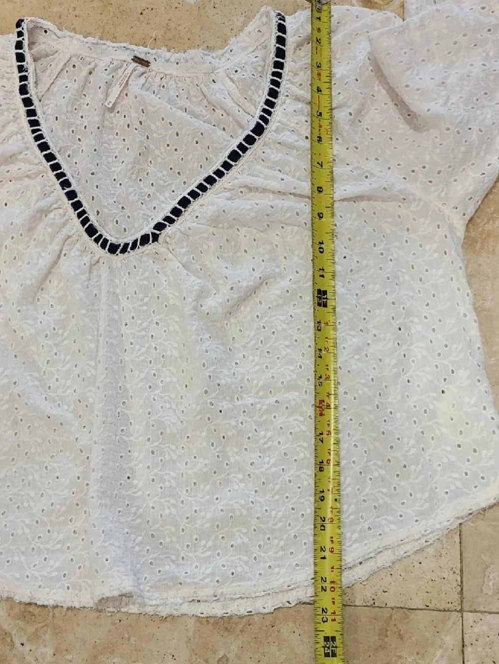 Free People Cream Eyelet Peasant Top with Navy Trim